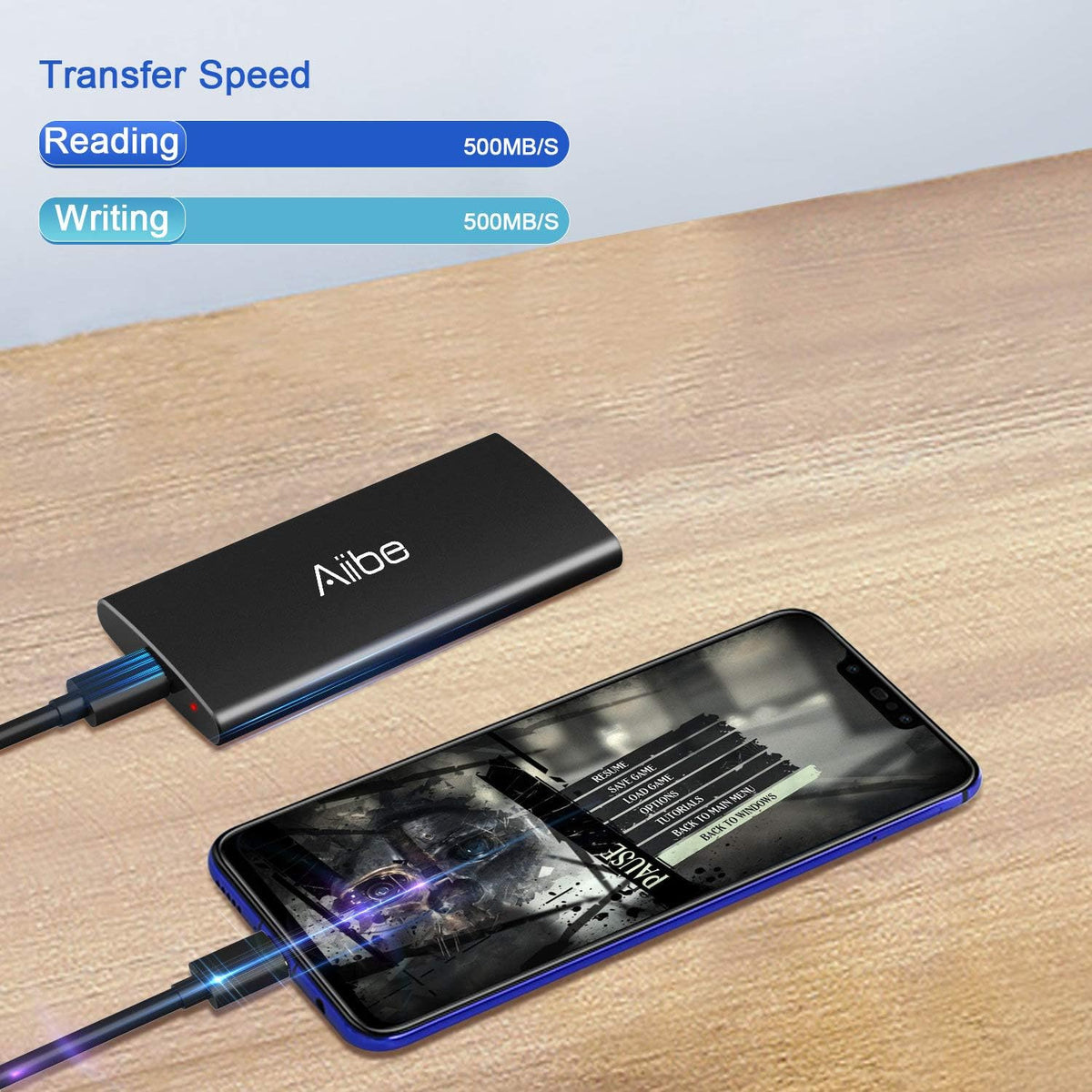 Aiibe External SSD 250GB External Hard Drive USB C Portable SSD, Up to 500MB/s, USB 3.1, External Solid State Drive 250GB for Laptop, Mac, PS4 (Black)