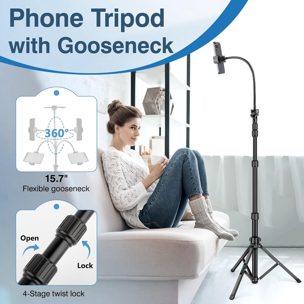 88" Tripod for iPhone, Phone Tripod with Gooseneck and Remote, Portable Cell Phone Tripod Compatible with Smartphone/Camera/Gopro, iPhone Tripod Stand for Video Recording Selfies Vlogging