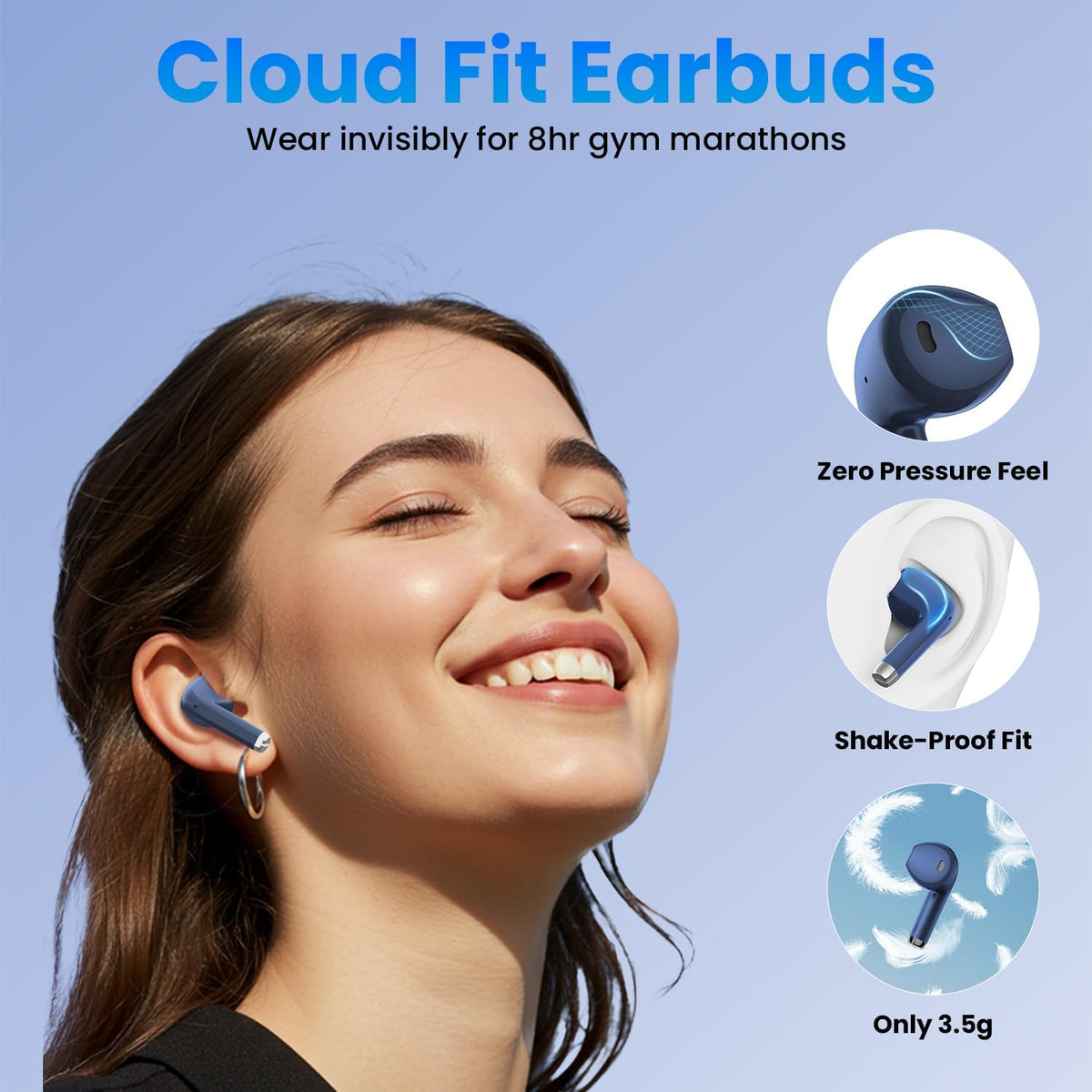 Wireless Earbuds, Bluetooth Headphones with Deep Bass Stereo, 48H Playback Ear Buds with LED Power Display Charging Case，Lightweight, IPX7, in-Ear Earphones with Mic for for Phone Tablet Laptop, Blue