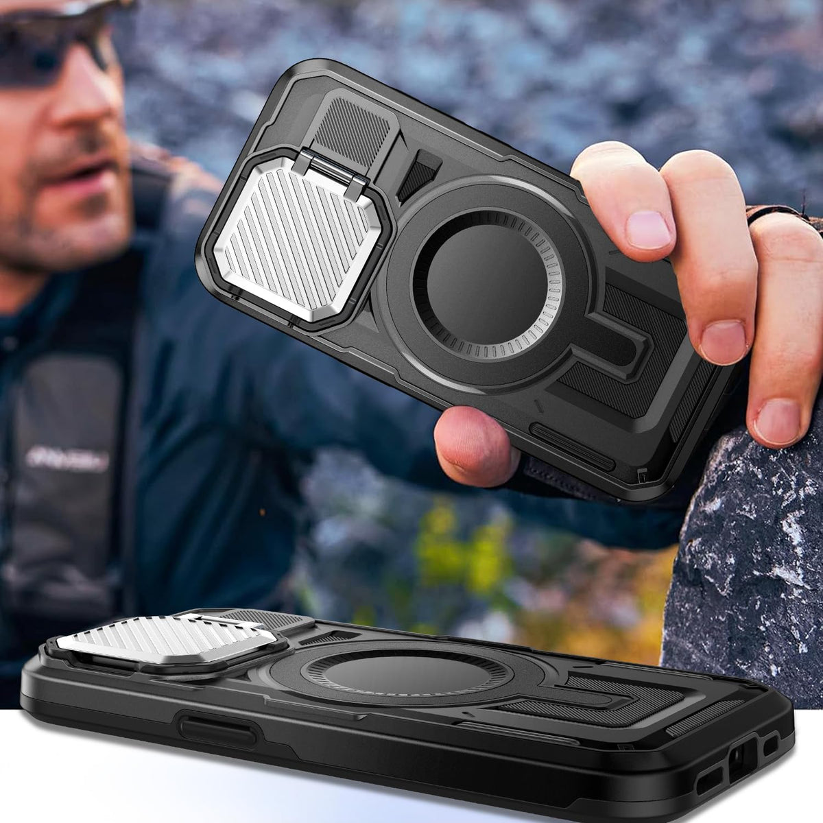 Camera Stand Case for iPhone 16E, [Compatible with Mag Safe] [Lens Cover] 2024 Version Military Grade Protective Soft Case for iPhone 16E 6.3 inch Men Women, Black