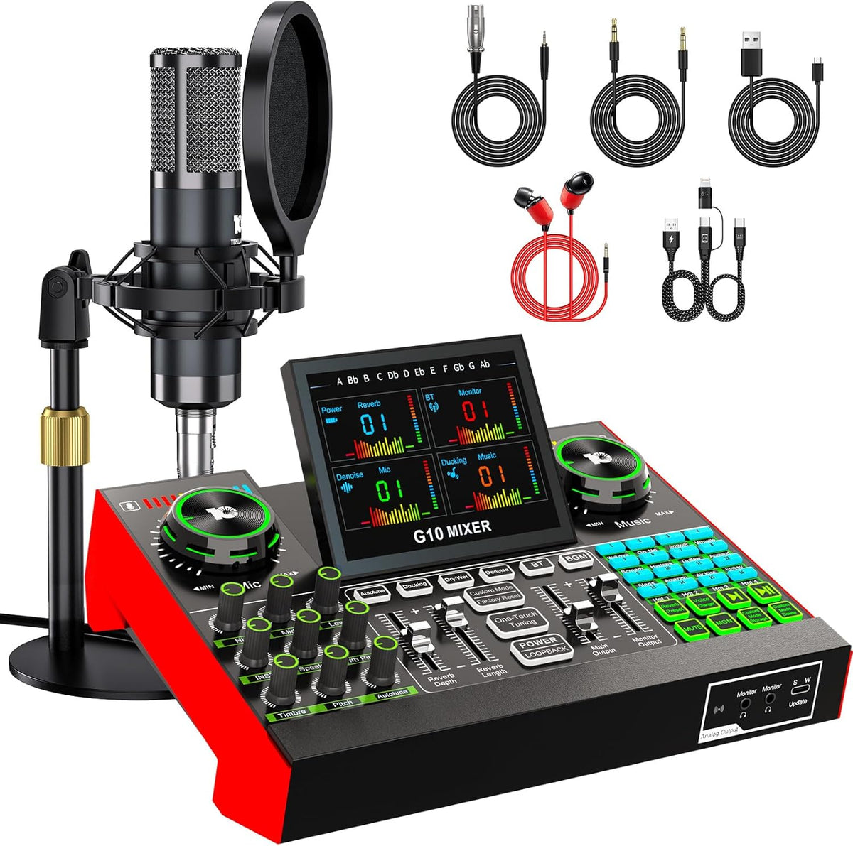 Podcast Microphone Bundle with Live Sound Board Audio Mixer, Podcast Equipment Bundle with 3.5mm Condenser Microphone(P15) for Pc/Phone Live Streaming Singing Gaming, Voice Changer, Denoise