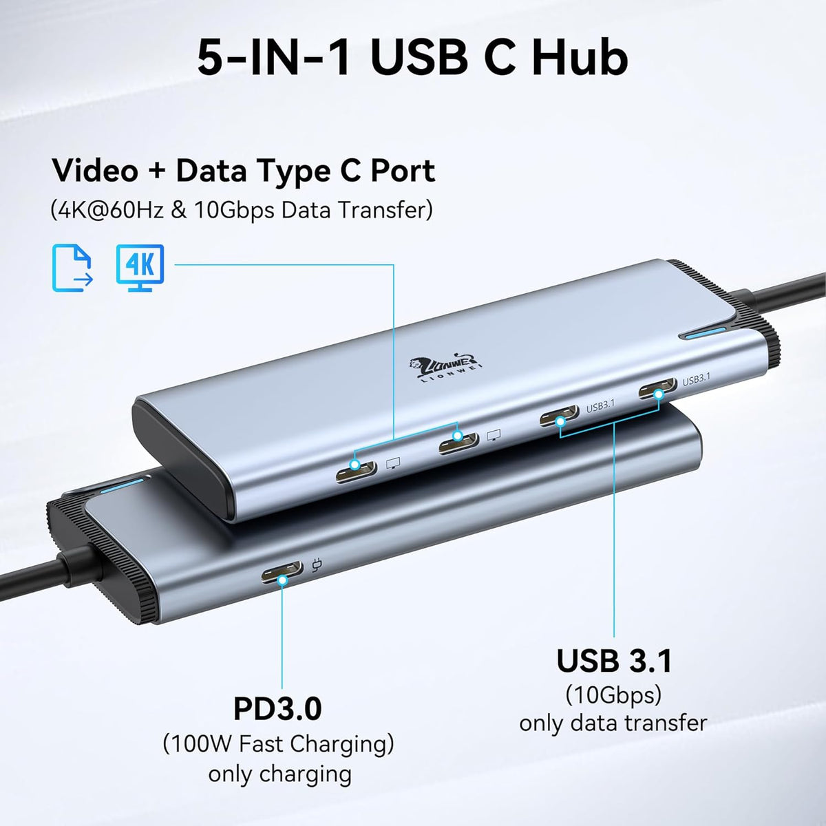 USB C Docking Station Dual Monitor 4K@60Hz DP Alt Mode, USB C Video Hub with 10Gbps Data Transfer, 100W PD Charging, USBC Splitter for Dell/HP/Lenovo, Portable Monitor and More Type C Devices