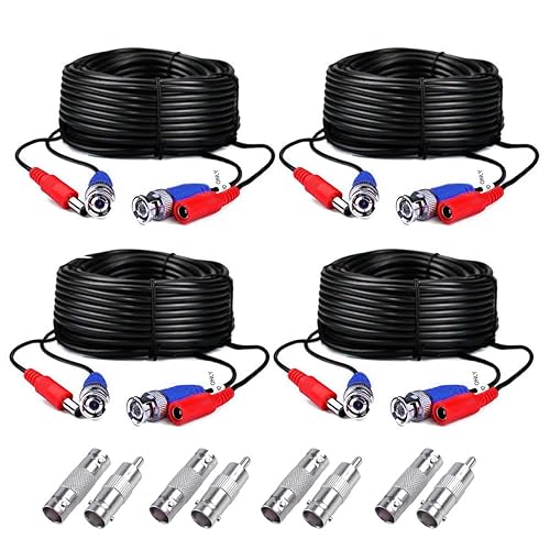 4-Pack 60ft Black Pre-Made All-in-One BNC Male to Male Video and Power Cable Wire Cord with RCA Connector for CCTV Security Camera