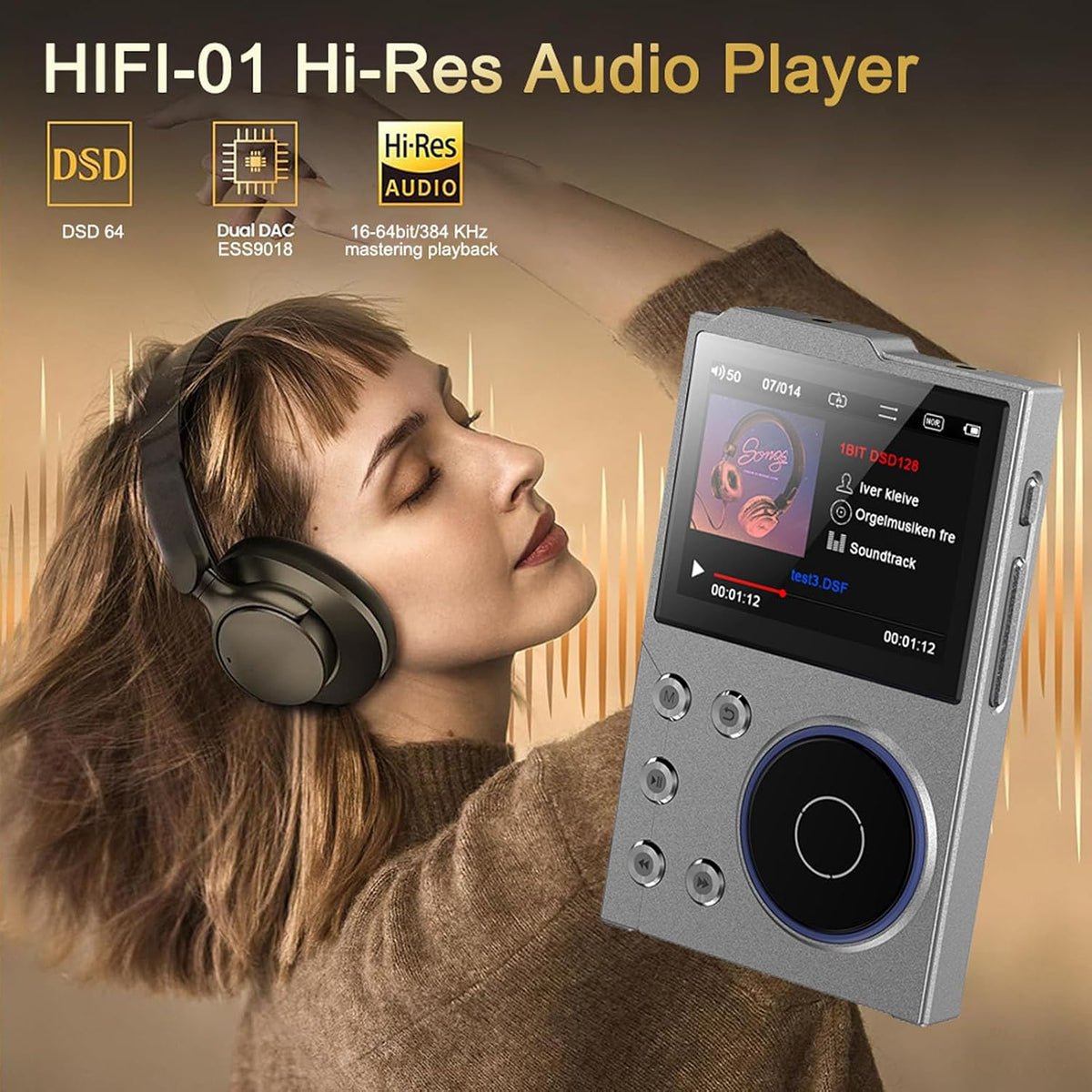 GOWENIC MP3 5.3 2.4in 128GB Player, Digital Music Player BT HiFi Sound with Color Screen, Lossless DSD FLAC HD HiFi