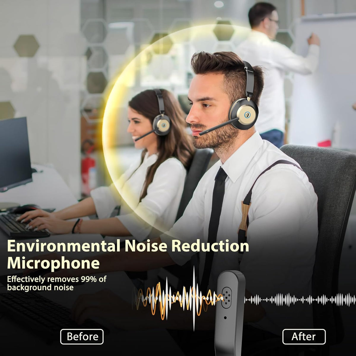 V5.3 Wireless Headset with Mic for Work, 45Hrs Computer Headset with Microphone, Bluetooth Headphones with Noise Cancelling Mic, Charging Base, USB Dongle & Mute Button for PC, Skype, Zoom