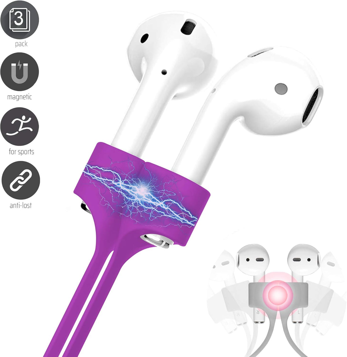 Ultra Strong Magnetic Airpod Pro Strap Anti-Lost Cord Sports Lanyard Compatible with Airpods 3rd 2nd Generation Pro 3 2 1 (3 Purple)