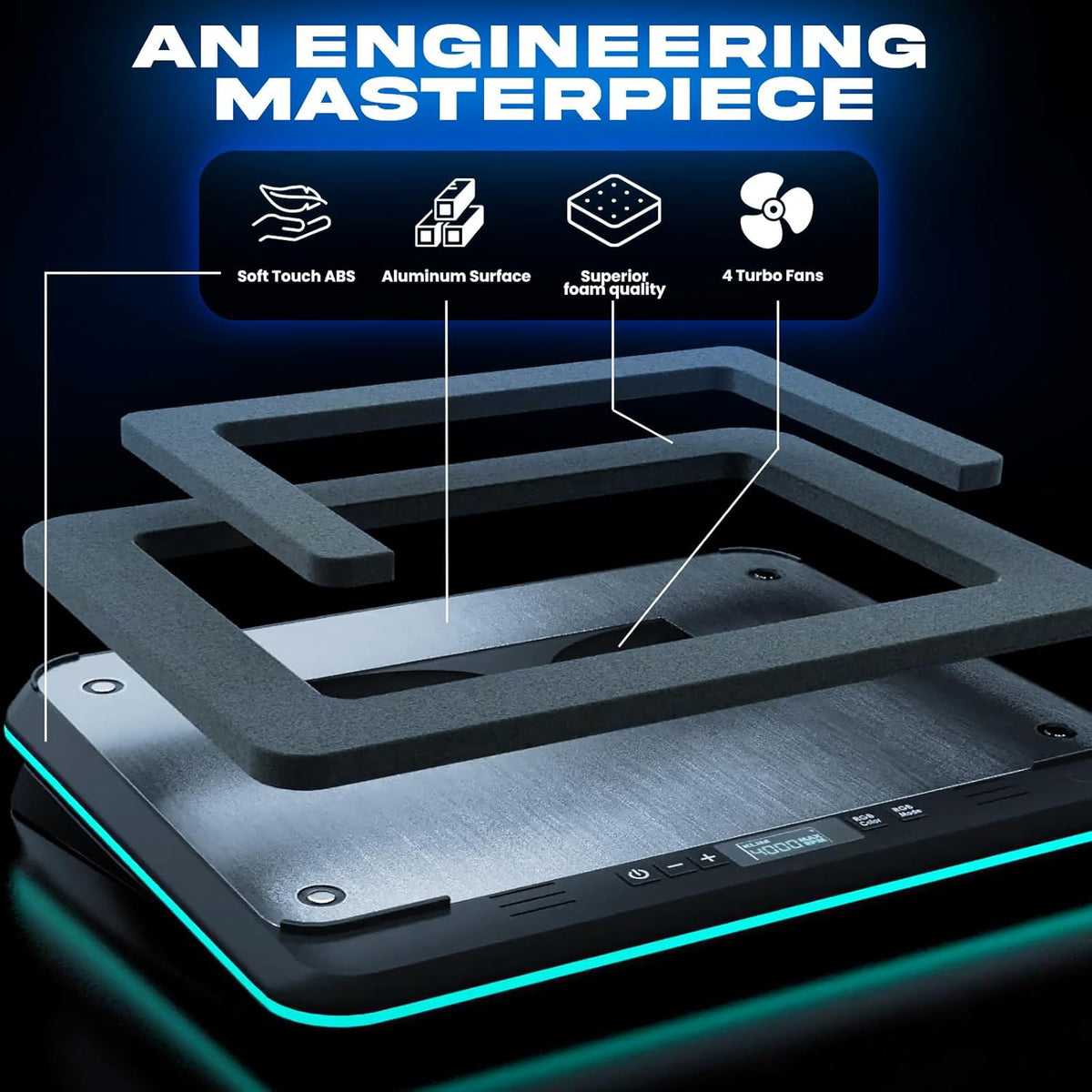 KLIM Turbofrost - Gaming Laptop Cooling Pad - 4 Powerful Turbo Fans - 4 x 4000 RPM, Laptop Cooler 2 Power Modes USB-C/DC, Dynamic RGB, 4-Ports USB, Sealed Foam for Fast Cooling for Laptops up to 17in