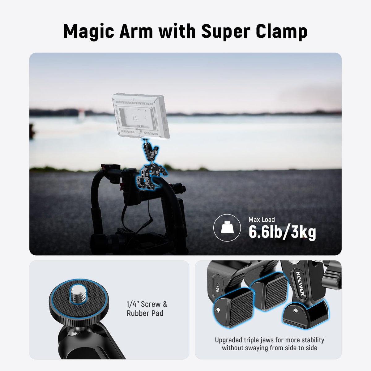 NEEWER Super Clamp with 3" Dual Ballhead Magic Arm, Camera Phone Clamp Mount with 1/4" 3/8" Threads, Cold Shoe, Phone Holder, Action Camera Adapter Compatible with GoPro DJI iPhone 16 15 Pro Max, ST88