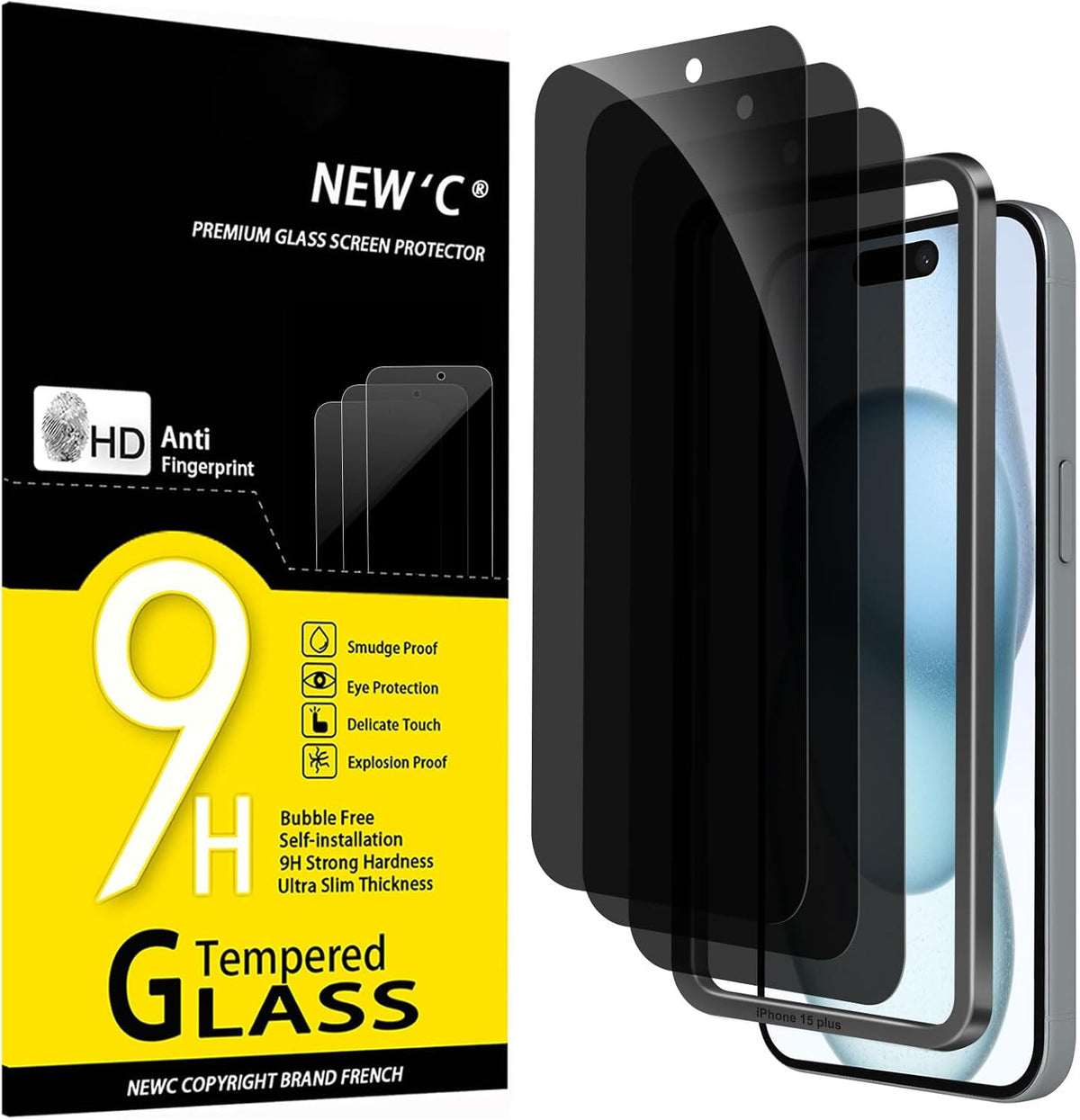 NEW'C 3 Pack Privacy for iPhone 16 Plus,15 Plus Screen Protector (6.7 inches), Anti-Spy Tempered Glass Film,Enhanced 28-Degree Privacy Angle with easy installation tool included