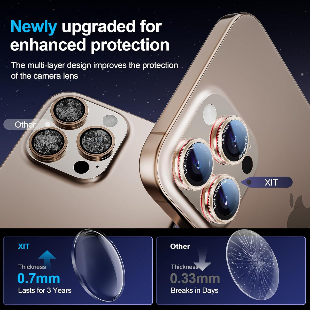 X-it 2 Pack Camera Lens Protector, Shatterproof Protection Anti-Scratch Ultra HD Camera Protector, Anti-Glare 9H Tempered Glass Lens Protector for iPhone 16 Pro Max/16 Pro, Case Friendly, Golden Red