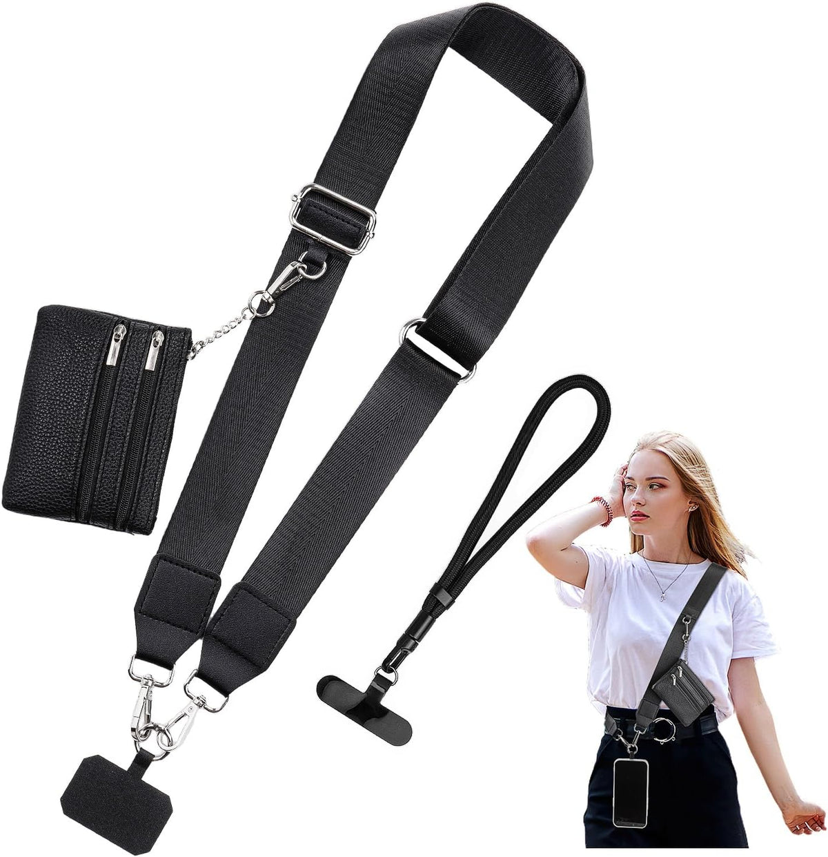 Save Girls Phone Strap with Wallet, 2 Pcs-Crossbody Phone Lanyard & Wrist Strap-2 Pads, Clip and Go Lanyard for Phones, Adjustable Neck Holder with Zipper Pouch for Women (Black)
