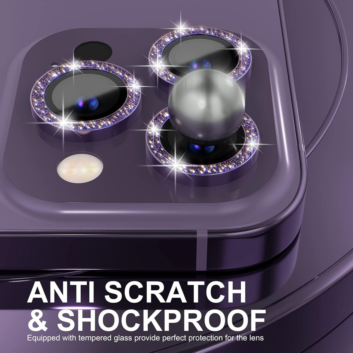 Choiche [3+1 for iPhone 14 Pro/iPhone 14 Pro Max Camera Lens Protector Bling, 9H Tempered Glass Camera Cover Screen Protector Metal Ring Decoration Accessories (Glitter-Purple)