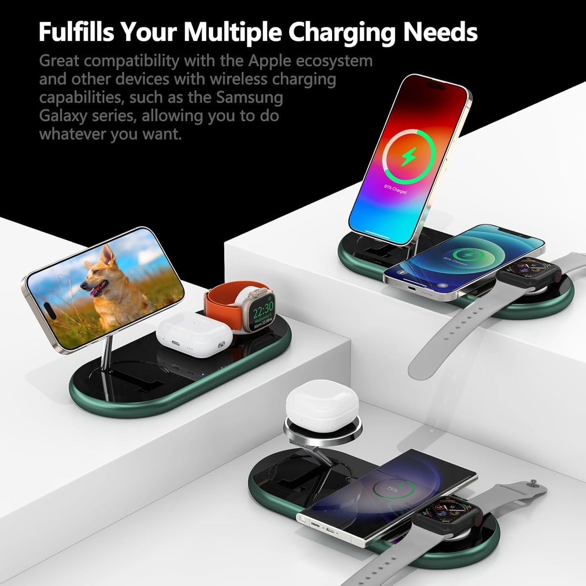 2025 Upgraded 3 in 1 Charging Station for Apple Devices, Fast Magnetic Mag-Safe Wireless Charger Stand for iPhone 16/15/14/13/12 Series & Apple Watch 1-9/Ultra & AirPods Pro (Forest Green)