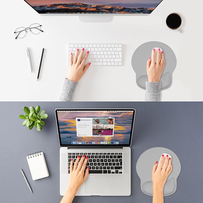 ITNRSIIET Ergonomic Mouse Pad with Wider Memory Foam Wrist Rest +17% - Curved Cushion Reduces Pressure 20%, Pain Relief, Non-Slip, Smooth, Cute Colors, 9.85 x 9 in, Space Gray