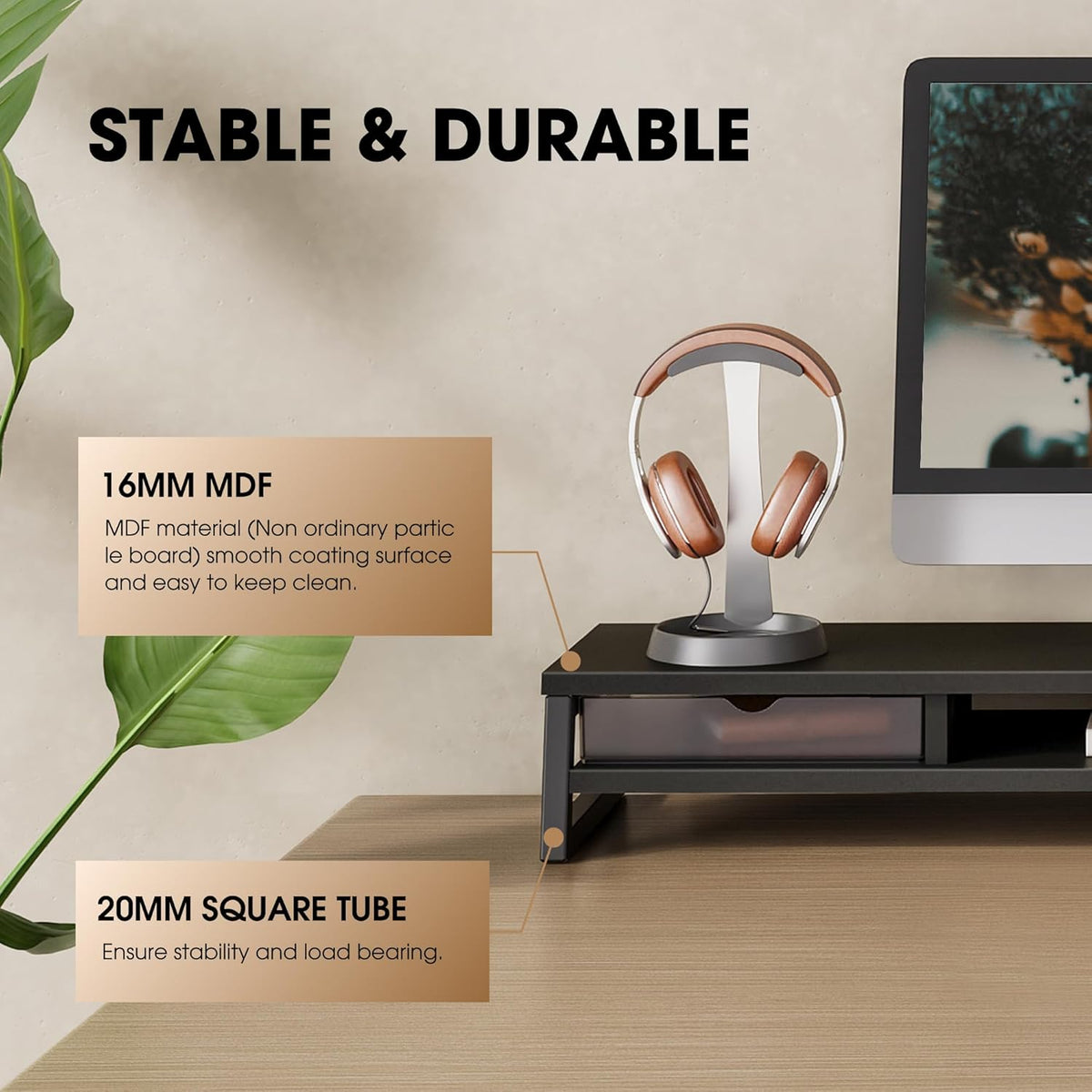 Fenge Dual Monitor Stand, Monitor Riser with Drawer, 42.5 Inch Large Computer Monitor Stand for 2 Monitors, 2 Tier Wooden Desk Shelf for Top of Desk