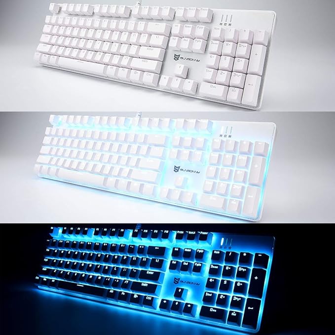 Hot Swappable 104 Keys Full Size Mechanical PC Gaming Keyboard | Blue Switch White Mechanical Wired Computer Keyboards | LED Backlit 104 Keys US Layout Light Up Wired Gaming Keyboard