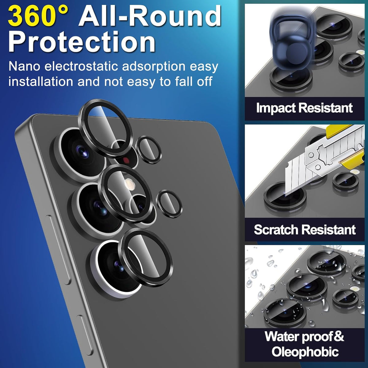 for Samsung Galaxy S25 Ultra Camera Lens Protector, Individual Metal Ring Tempered Glass Lens Cover, [Strong Adsorption] Scratch Resistant Ultra-Thin HD Clear Lens Cover, 1 Set-Black
