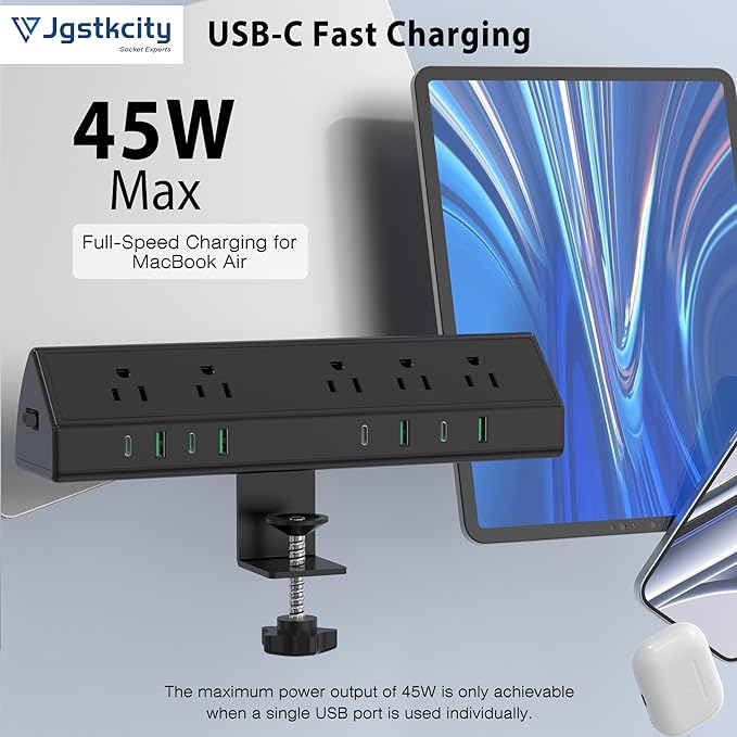 Jgstkcity Desk Clamp Power Strip USB C 45W,8 USB,15FT Cable,Black