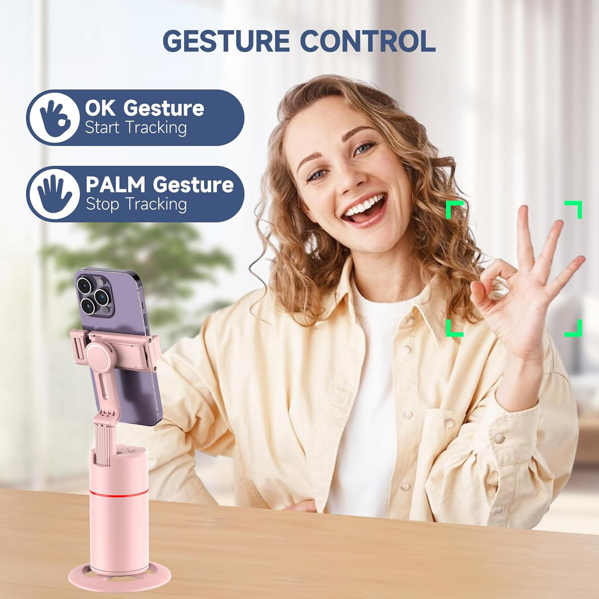 Auto Face Tracking Phone Holder, Gesture Control & Remote, Face Tracking Tripod 360 Rotation Body Phone Camera Mount Smart Shooting Holder, iPhone Selfie Stick Tripod, Expandable Pole (Pink)
