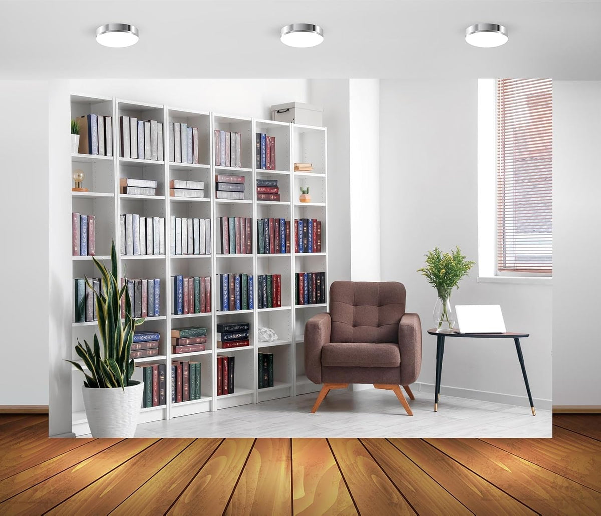 BELECO 7x5ft Fabric Living Room Backdrop Modern Room Interior with Armchair White Bookcase, Office Zoom Meeting