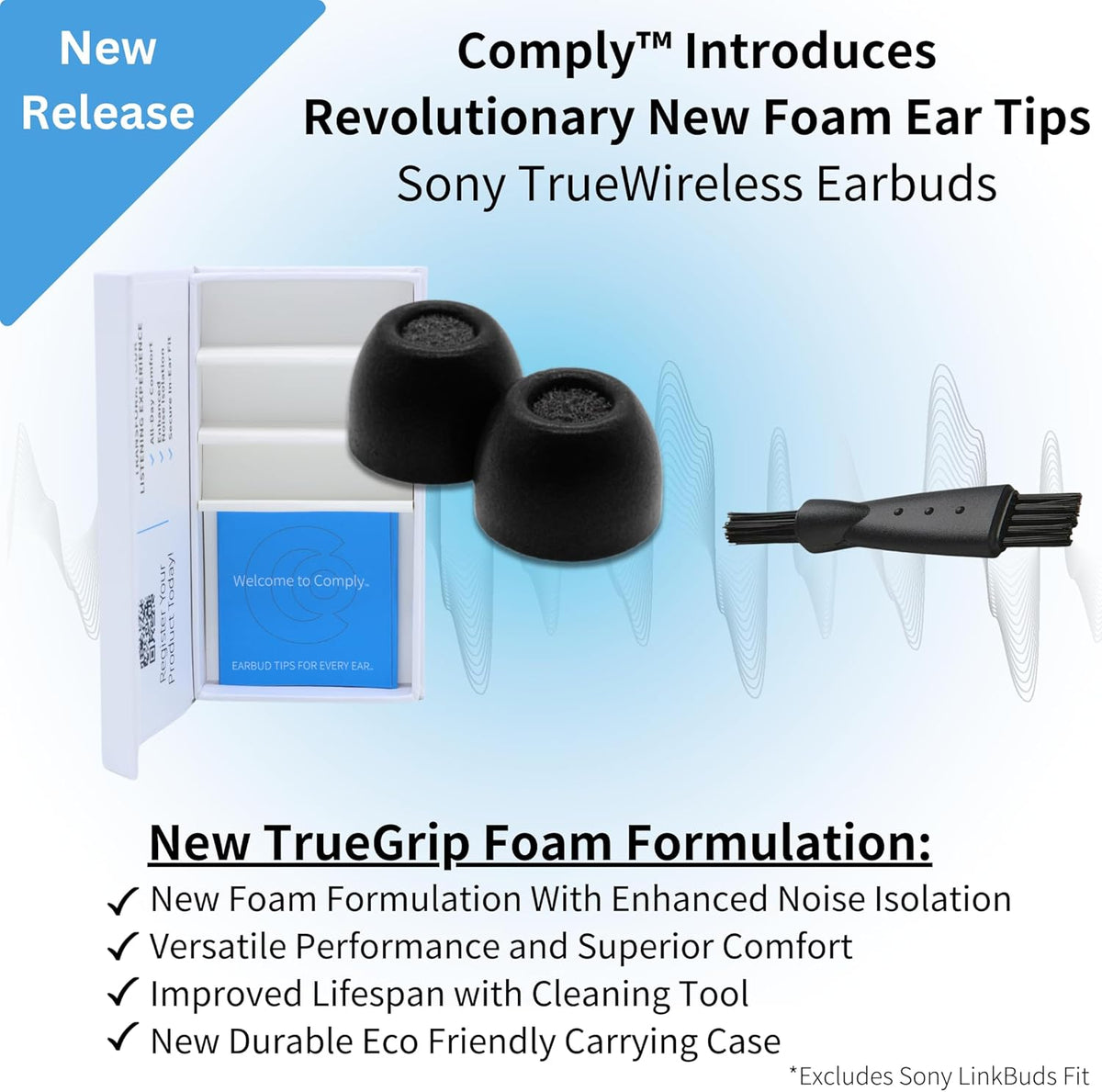 Comply TrueGrip | Premium Memory Foam Replacement Earbud Tips for Sony True Wireless Earbuds | Enhanced Comfort, Secure Fit, Superior Noise Isolation, Cleaning Tool | Black, Small (3 Pairs)