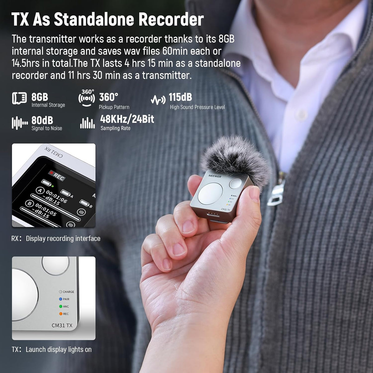 Neewer CM31 Wireless Lavalier Microphone with 8GB Storage 820ft Range 48KHz 24Bit Noise Cancelling Compatible with iPhone iPad Android PC Camera YouTube/TikTok Stream Podcast Interview