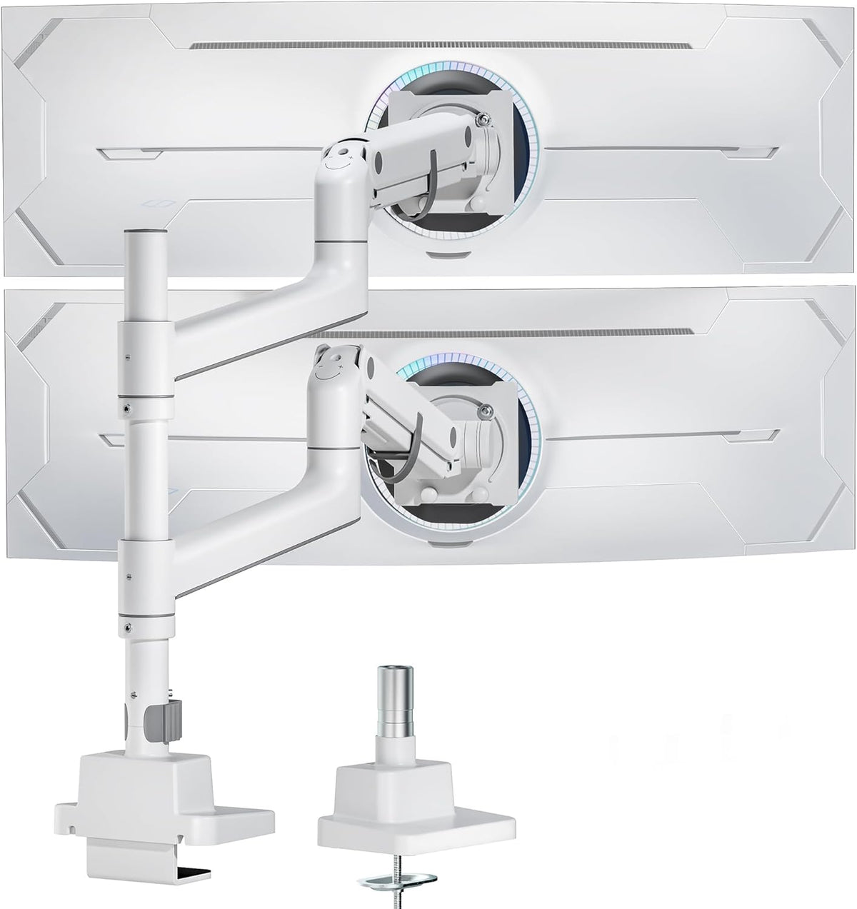 monTEK Dual Monitor Arm for up to 57" and 59.4 lbs Ultrawide Screen, Aluminum Heavy-Duty Gas Spring Vertical Stackable Curved Screen Adjustable Monitor Stand, 75/100mm Vesa Mount, White