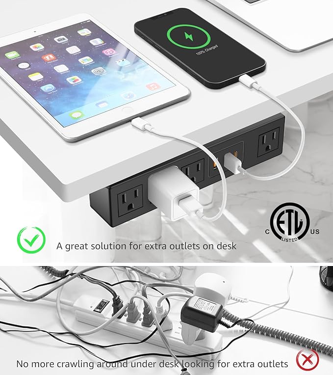 HHSOET Power Strip with USB Fast Charging, 10Ft Flat Extension Cord, 30W