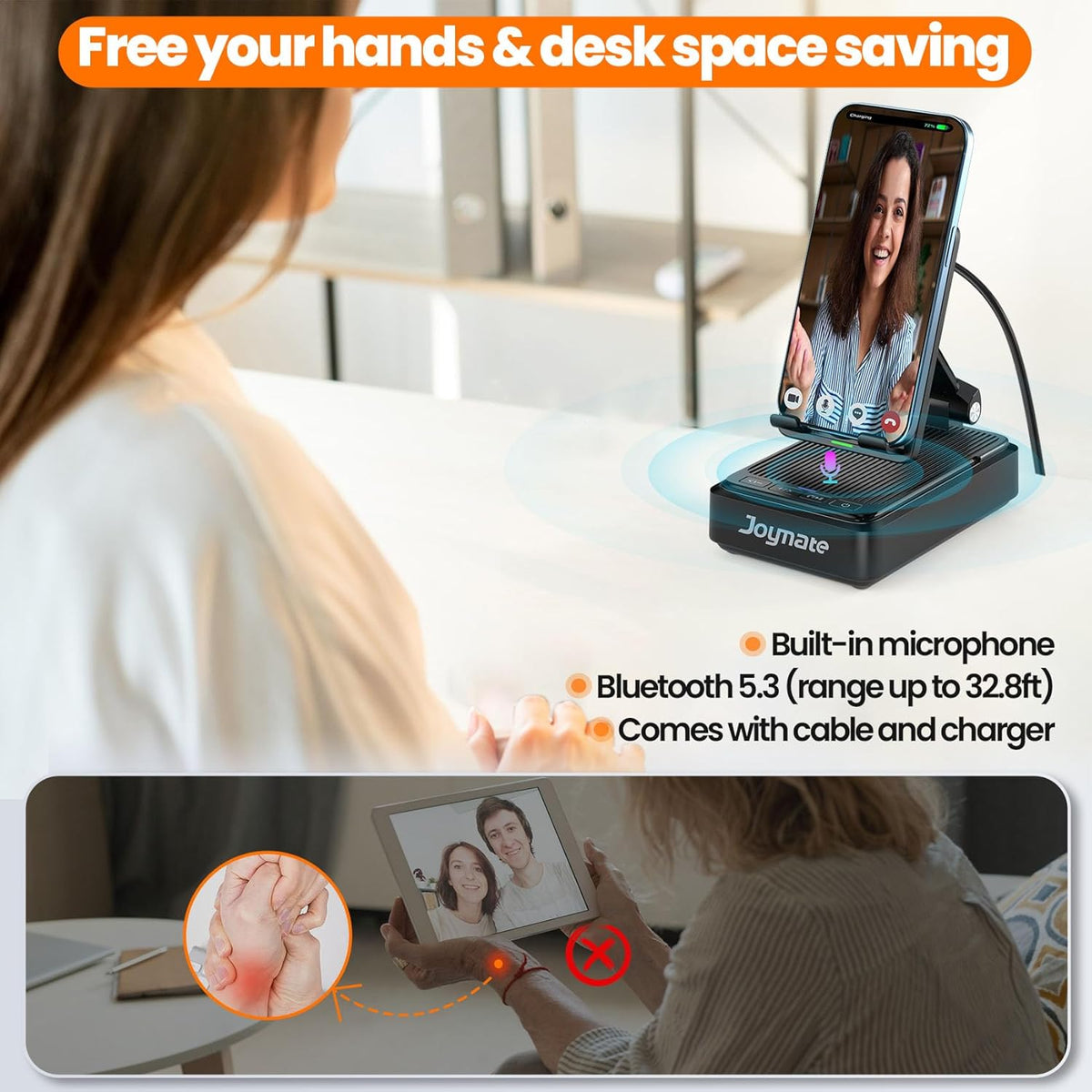 Gifts for Men and Women, Wireless Phone Charger Stand with Bluetooth Speaker and Adjustable Angle Phone Holder for Desk Tech Gift for Birthday/Anniversary (Black)
