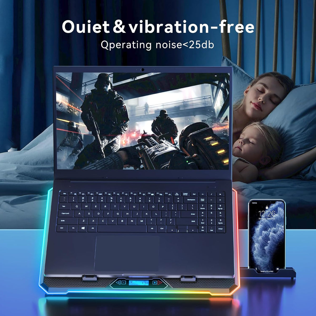 Gaming Laptop Cooler with 13 Ultra Quiet Fans, LCD Screen and Multi Color RGB - 10 Lighting Modes, 9 Adjustable Heights, Dual USB Ports, Built in Phone Holder for 15 to 21 Inch Laptops on Desk or Lap