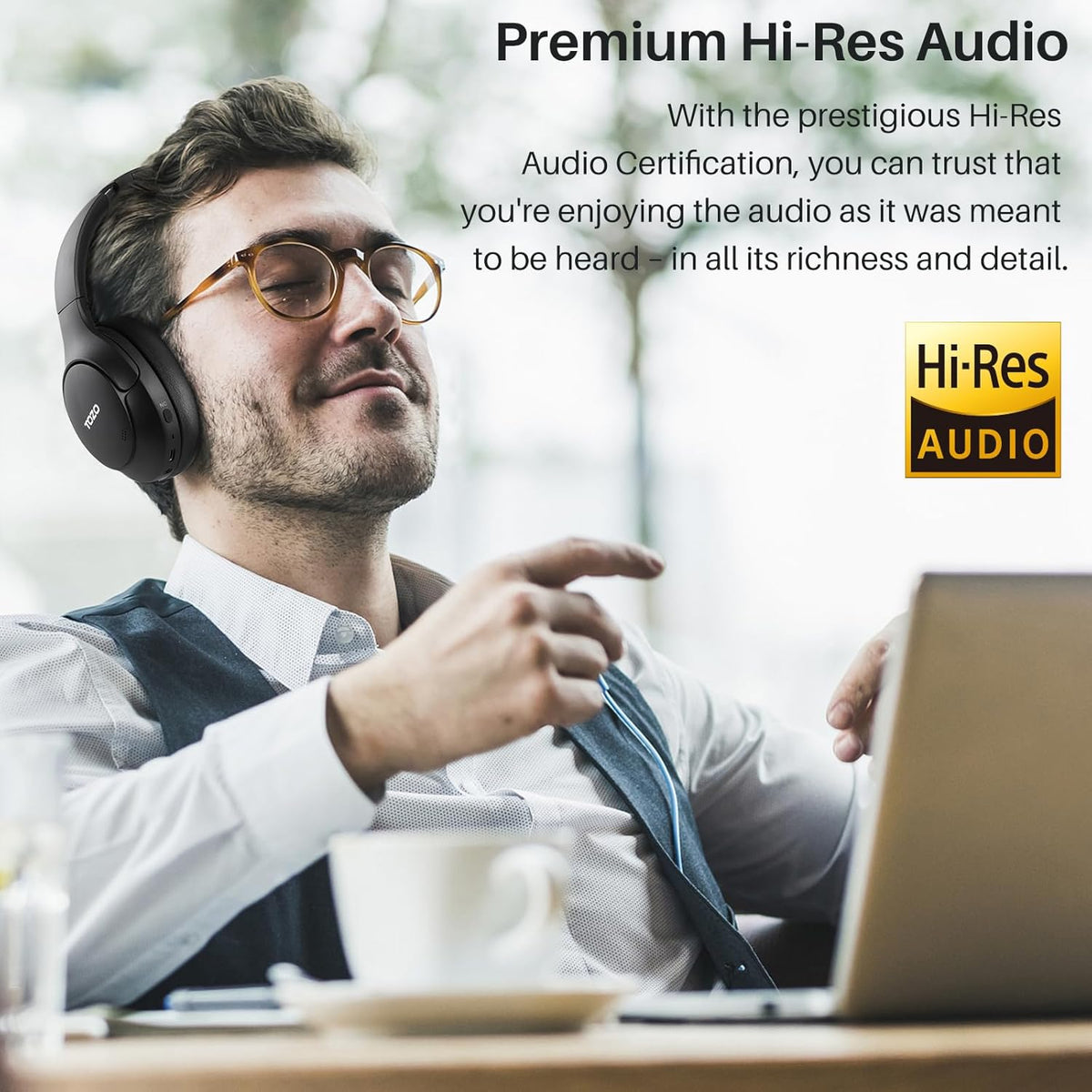 TOZO HT2 Hybrid Active Noise Cancelling Headphones, Wireless Over Ear Bluetooth Headset, 60H Playtime, Hi-Res Audio Custom EQ via App Deep Bass Comfort Fit Ear Cups, for Home Office Travel Black