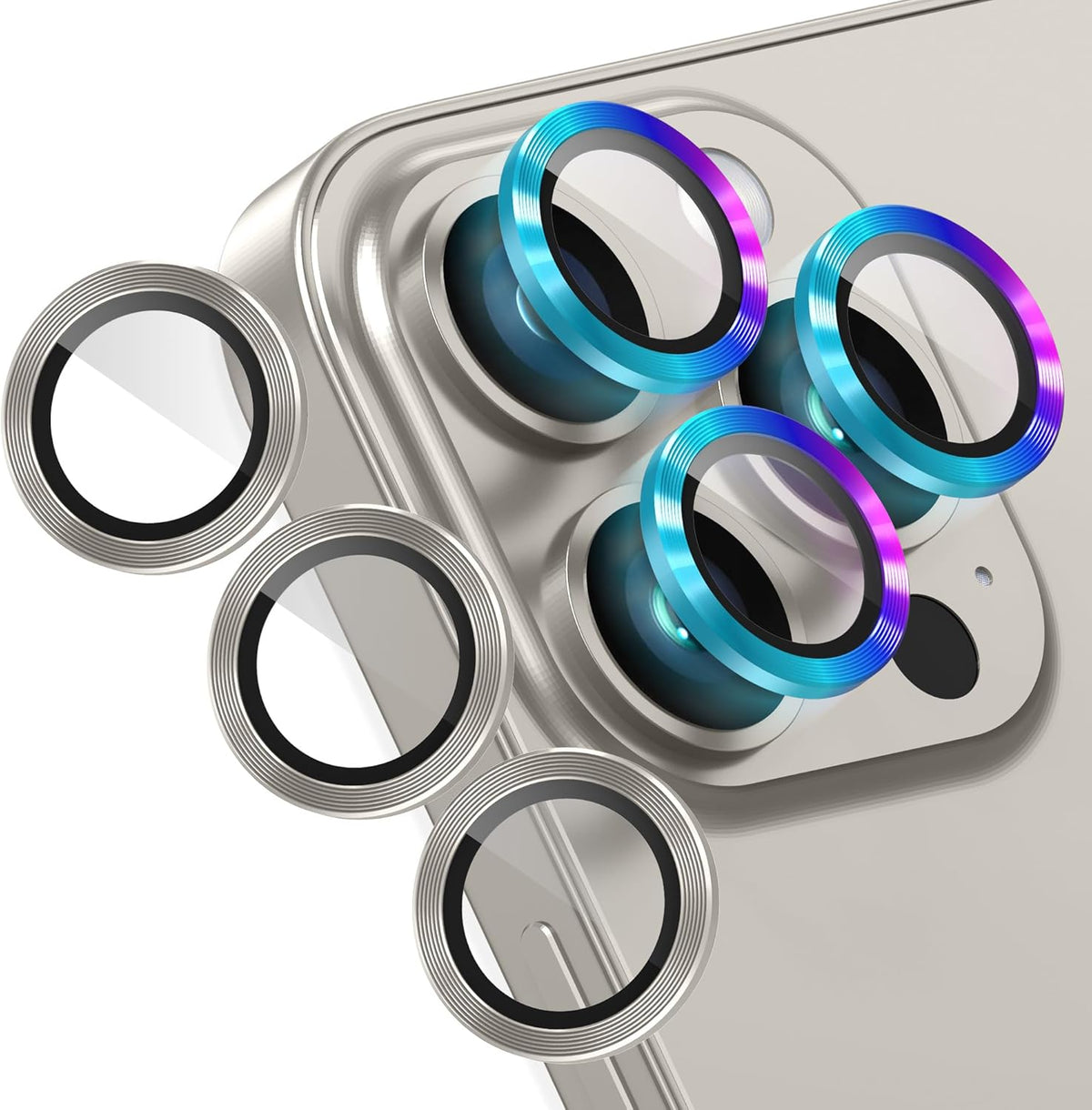 AGVEE 3+3 Camera Lens Protector for iPhone 15 Pro 6.1" / 15 Pro Max 6.7", Brushed Metal Ring 9H Tempered HD Glass Camera Protector Cover Film, Original