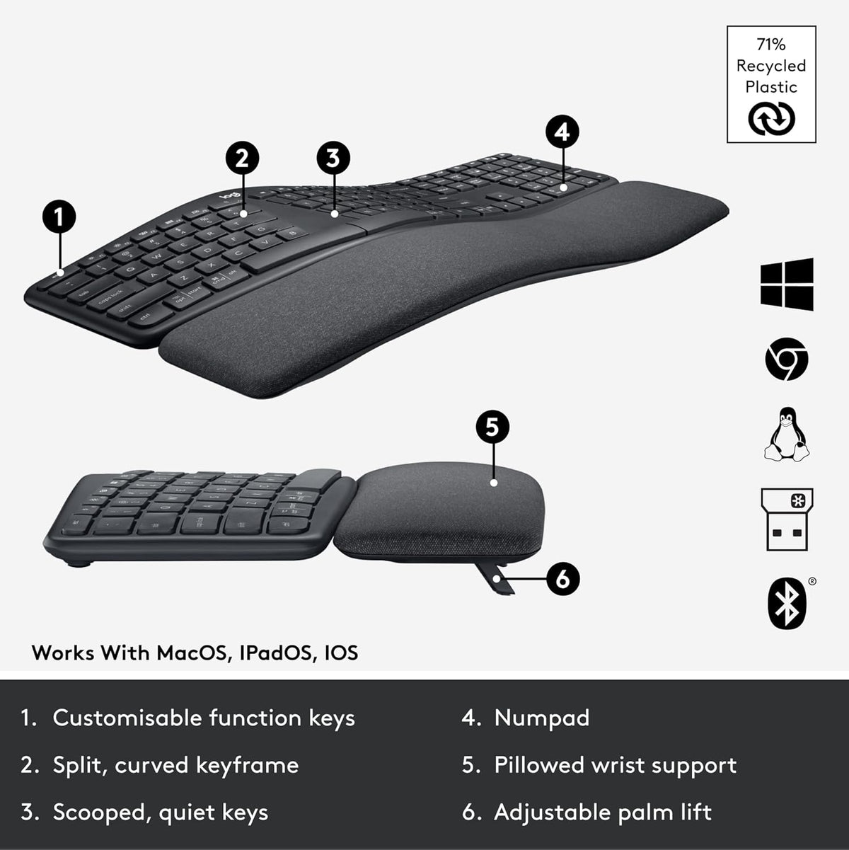 Logitech ERGO K860 Wireless Ergonomic Keyboard - Split Keyboard, Wrist Rest, Natural Typing, Stain-Resistant Fabric, Bluetooth and USB Connectivity, Compatible with Windows/Mac, Black