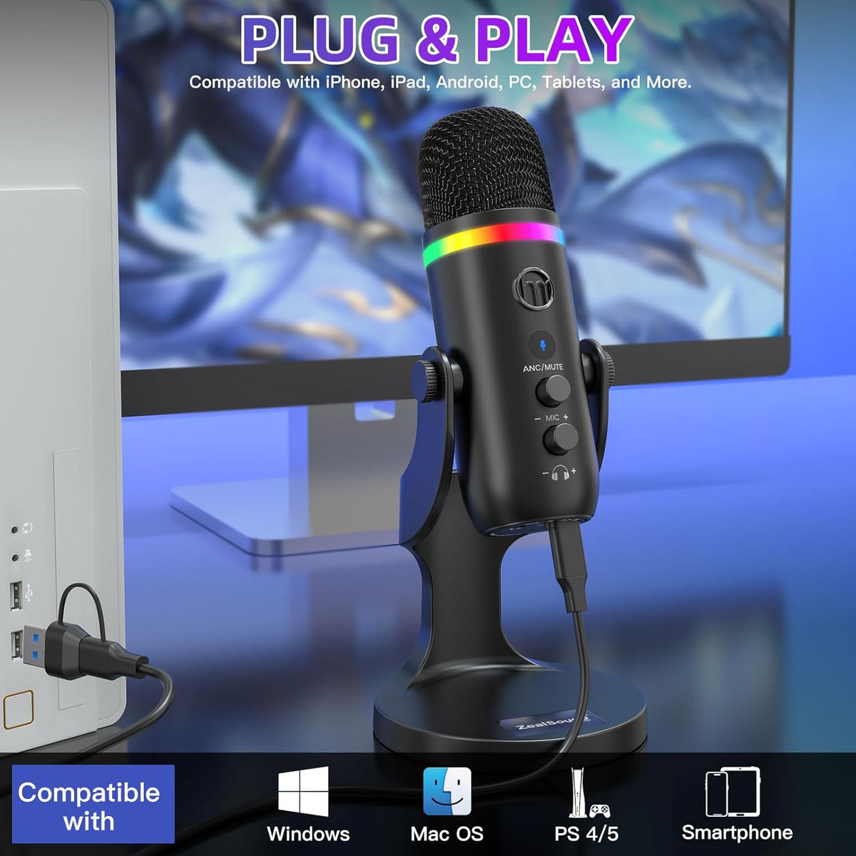 ZealSound USB Microphone for iPhone,Noise Cancellation Condenser mic with Touch Mute,Gain,Echo,Monitoring,RGB for iPad,PC,Podcast,Streaming,Twitch,YouTube,Discord,Computer,PS4,PS5,Mac,GamerWave K66