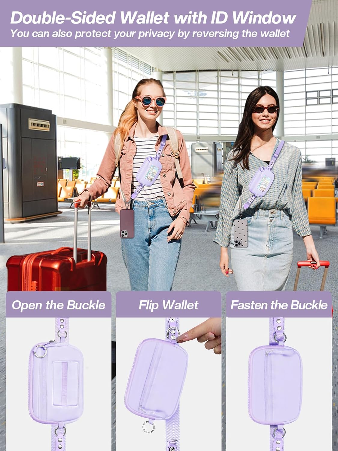 Clip and Go Strap for Phone with Wallet Crossbody Phone Lanyard Adjustable and Detachable RFID Wristlet Wallet with ID Window and Zipper, Purple Large.