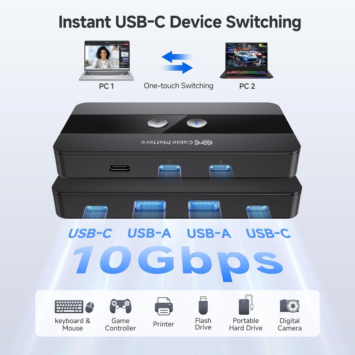 Cable Matters USB C Switch for 2 Computers with Remote Control, 10Gbps Data Transfer, Shares 2X USB-A and 2X USB-C Peripherals (Keyboard, Mouse, Printer, SSD), Data Only - No Video, No Host Charging
