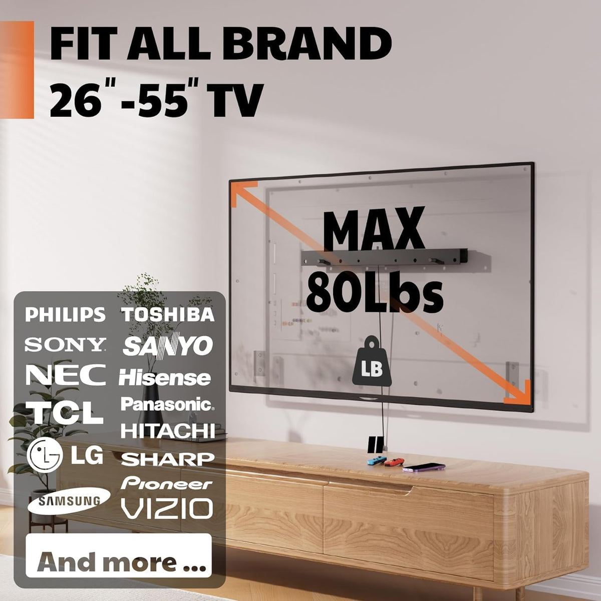 AENTGIU 26-55 inch Studless TV Wall Mount, Heavy Duty Drywall TV Bracket Hanger for Flat Screen TVs, No Stud, NO Drill