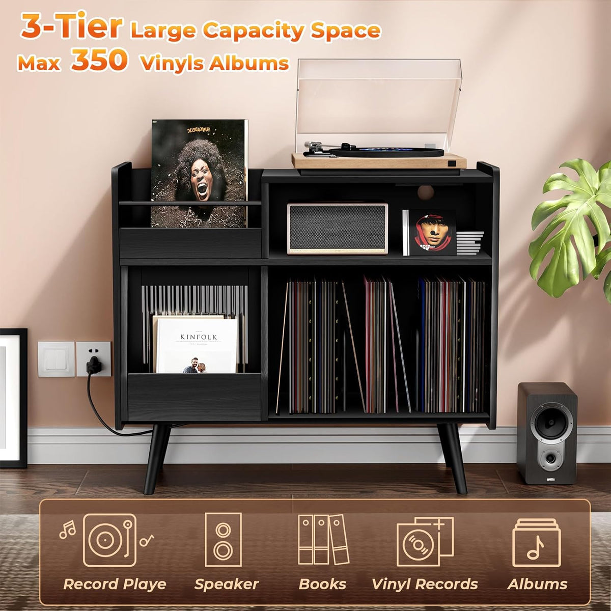 Large Record Player Stand with Sliding Door,350 Vinyl Record Storage Cabinet, Record Player Table with Power Outlet and LED Light,Turntable Stand with Wood Legs for Living Room,Bedroom,Office