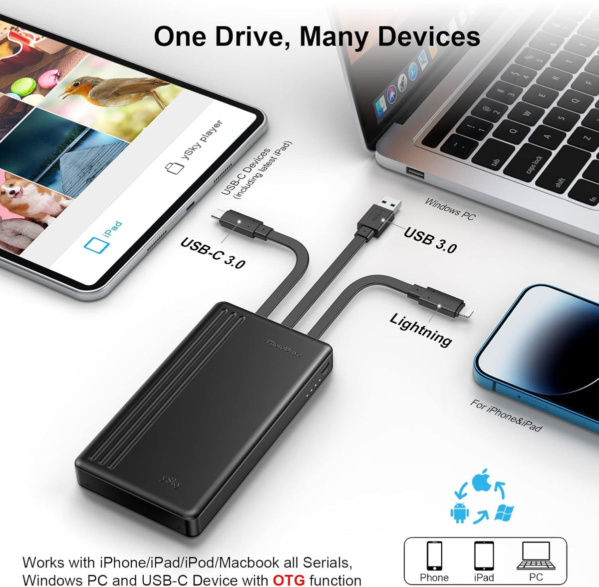 ySky 2TB External Hard Drive for iPhone & iPad,MacBook,Windows Computer,USB C Android Phones:Photo Stick USB Flash Drive to Backup Photo| Video | Music| File(MFi Certified)