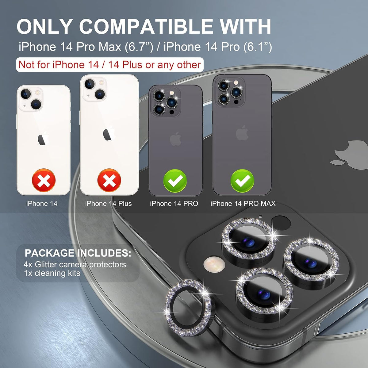 Choiche [3+1 for iPhone 14 Pro/iPhone 14 Pro Max Camera Lens Protector Bling, 9H Tempered Glass Camera Cover Screen Protector Metal Ring Decoration Accessories (Glitter-Black)