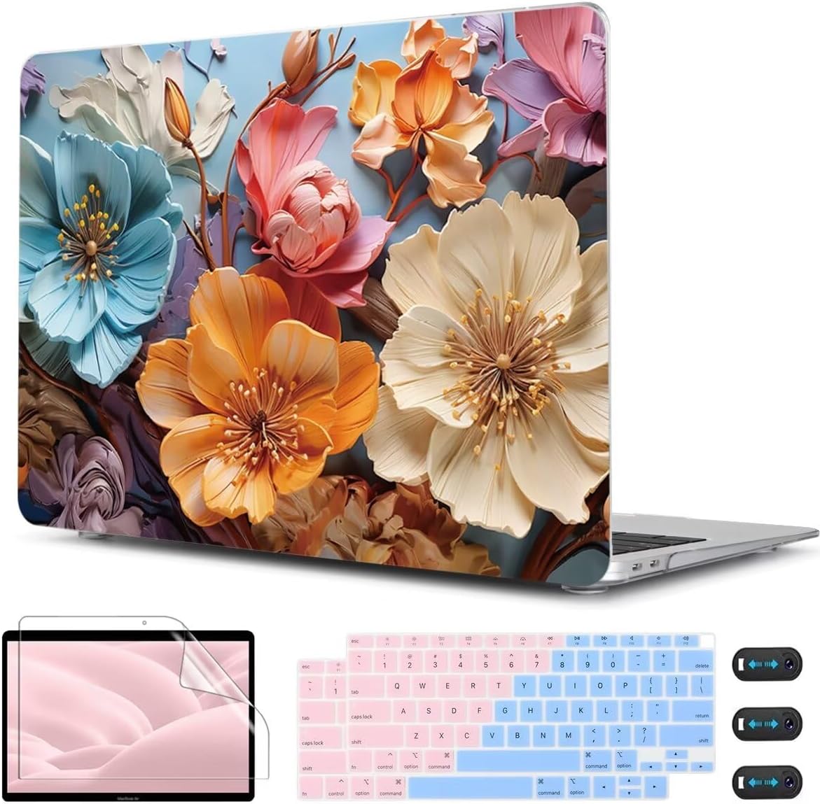 CISSOOK Compatible with MacBook Air 13 inch Case 2021 2020-2018 Release M1 A2337 A2179 A1932, Flower Hard Shell Case with Keyboard Cover for MacBook Air 13 Inch with Touch ID, Silk Flowers