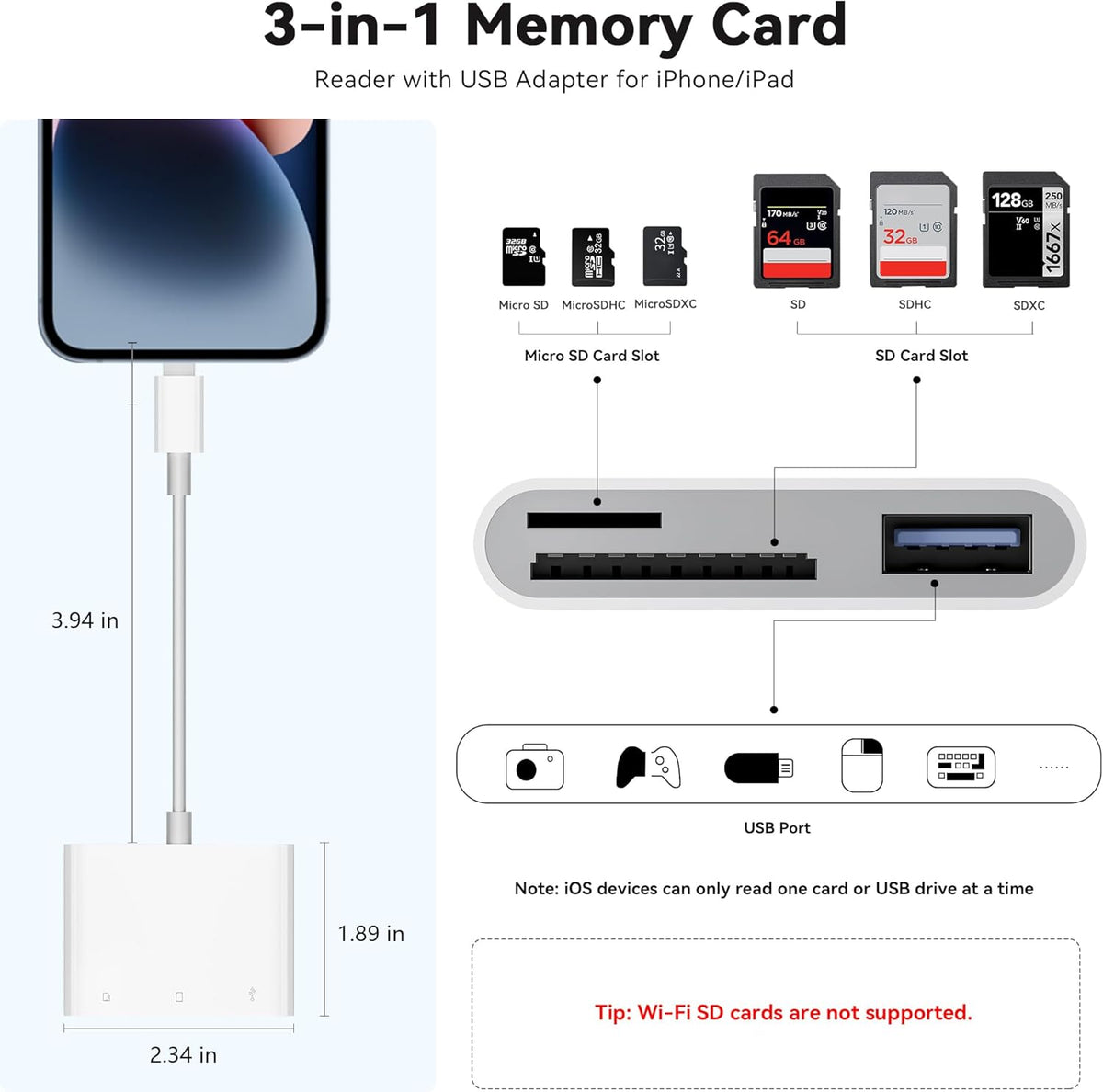 SD Card Reader for iPhone iPad, Micro SD Card Reader Memory Card Reader with USB Adapter Plug and Play Trail Game Camera Card Viewer Supports SD and TF Card No App Required