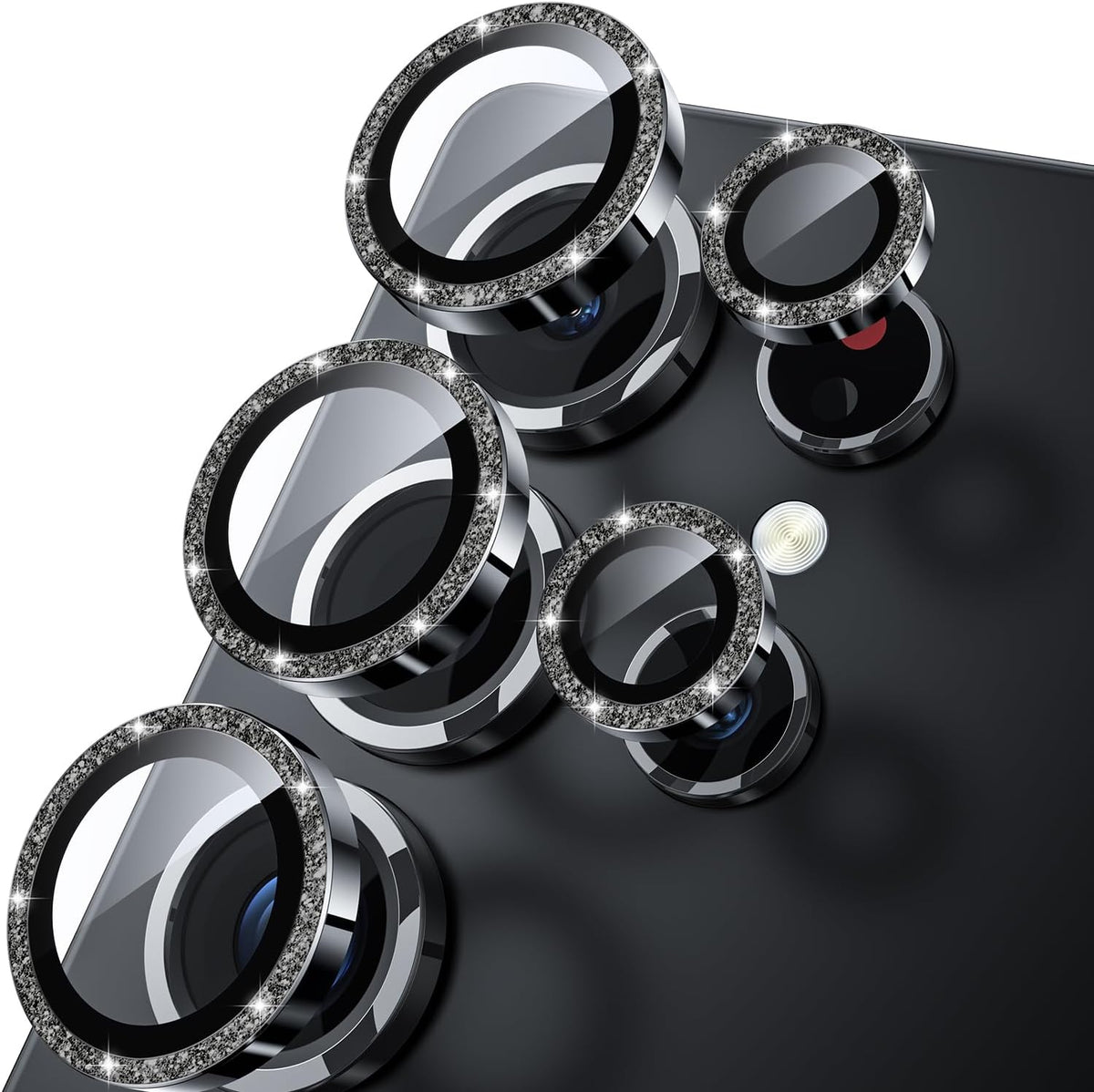 WSKEN for Samsung Galaxy S25 Ultra Camera Lens Protector - Ultra Thin Case Friendly, 9H Shatterproof Tempered Glass with Aluminum Metal Circle Camera Screen Protector Cover Accessories, Glitter Black