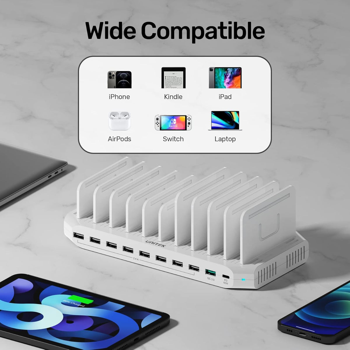USB C PD 60W Charging Station with QC 3.0, Unitek 160W 10-Port USB Quick Charger Dock, Power Delivery Compatible with Laptop MacBook, Pixel, Upgraded Dividers