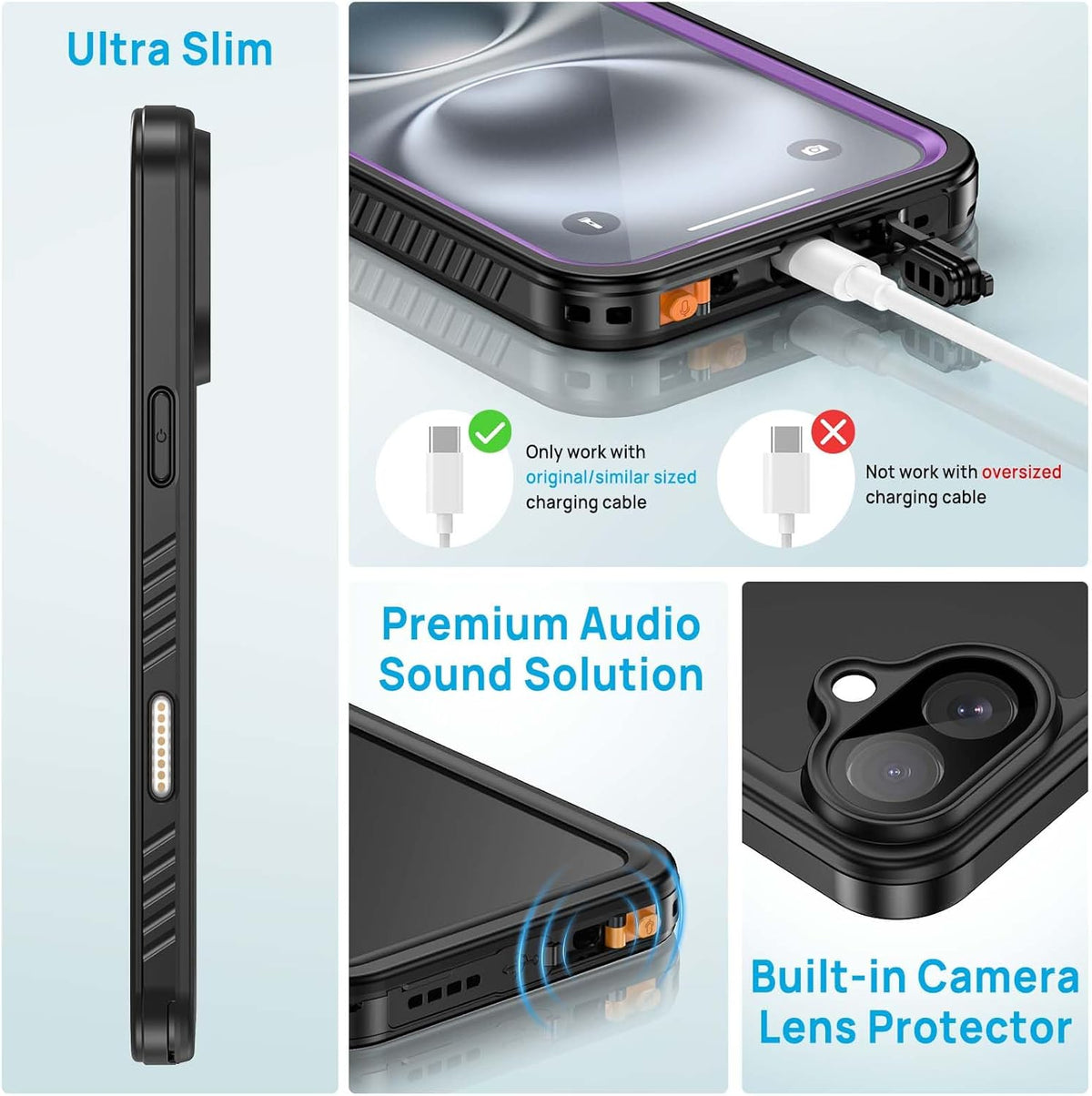 Lanhiem for iPhone 16 Plus Case, IP68 Waterproof Dustproof Shockproof Cases with Built-in Screen Protector, 360 Full Body Heavy Duty Rugged Phone Cover for iPhone 16 Plus - 6.7 inch (Purple)