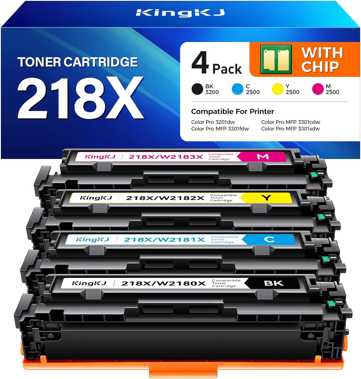 218X Toner Cartridges Set with chip 4-Pack 3301fdw Replacement for HP 218X W2180X W2181X W2182X W2183X 218A W2180A Black Compatible with HP Color Laserjet Pro MFP 3301cdw 3301sdw 3201dw Printers Ink