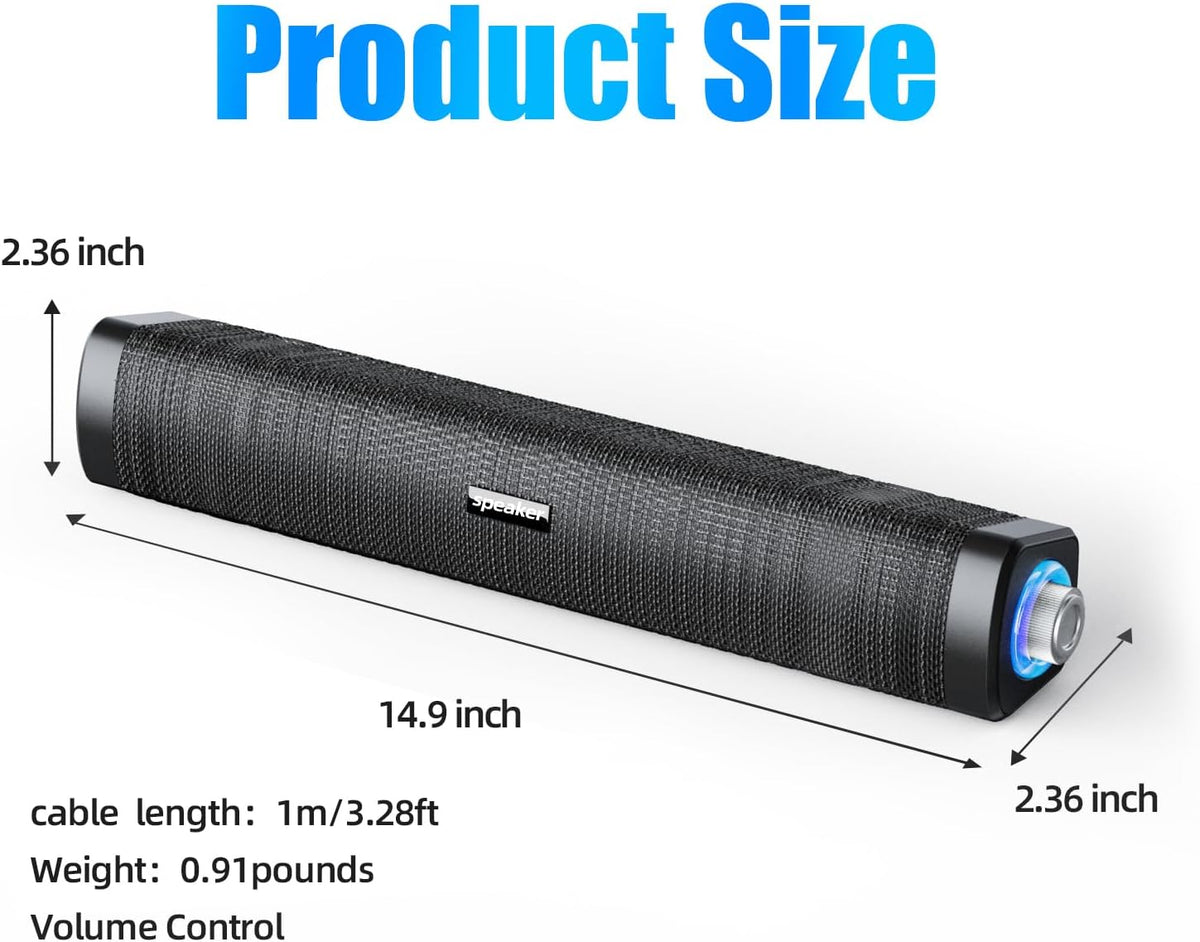 USB Computer Speakers,Computer Speakers with 3.5 mm aux,Wired USB Powered & Colorful LED Lights with Switch Button,Surround Sound Portable SoundBar for Monitor Laptop Phone(Black)