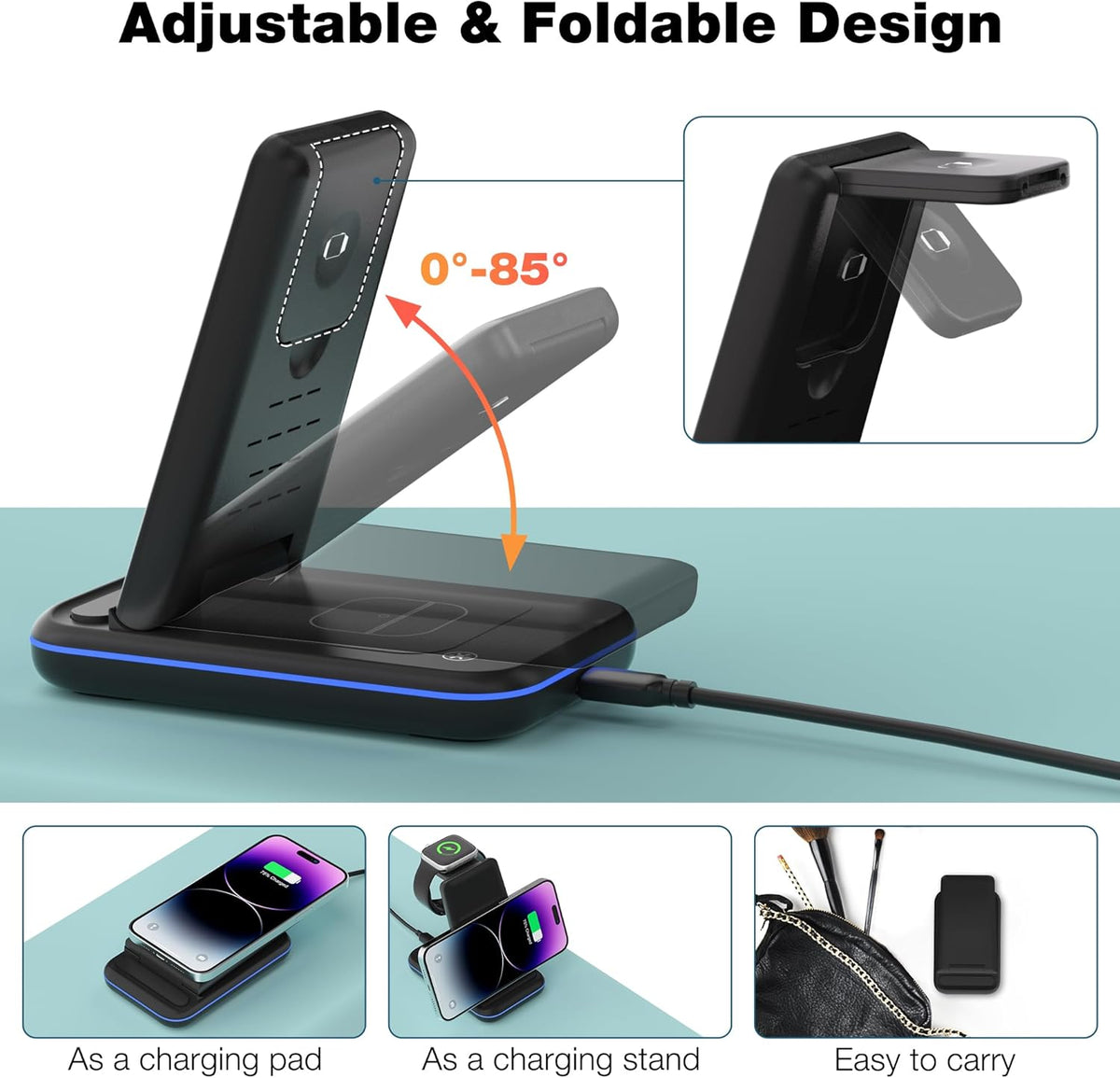 Wireless Charger for iPhone, Foldable 3 in 1 Fast Charging Station/Stand/Multi Charger for iPhone15 14 13 12 11/Xs/XR/X/8, Travel Pad for Apple Watch S8/Ultra/7/6/5/4/3/2/SE, Airpods 2/3/Pro/Pro 2