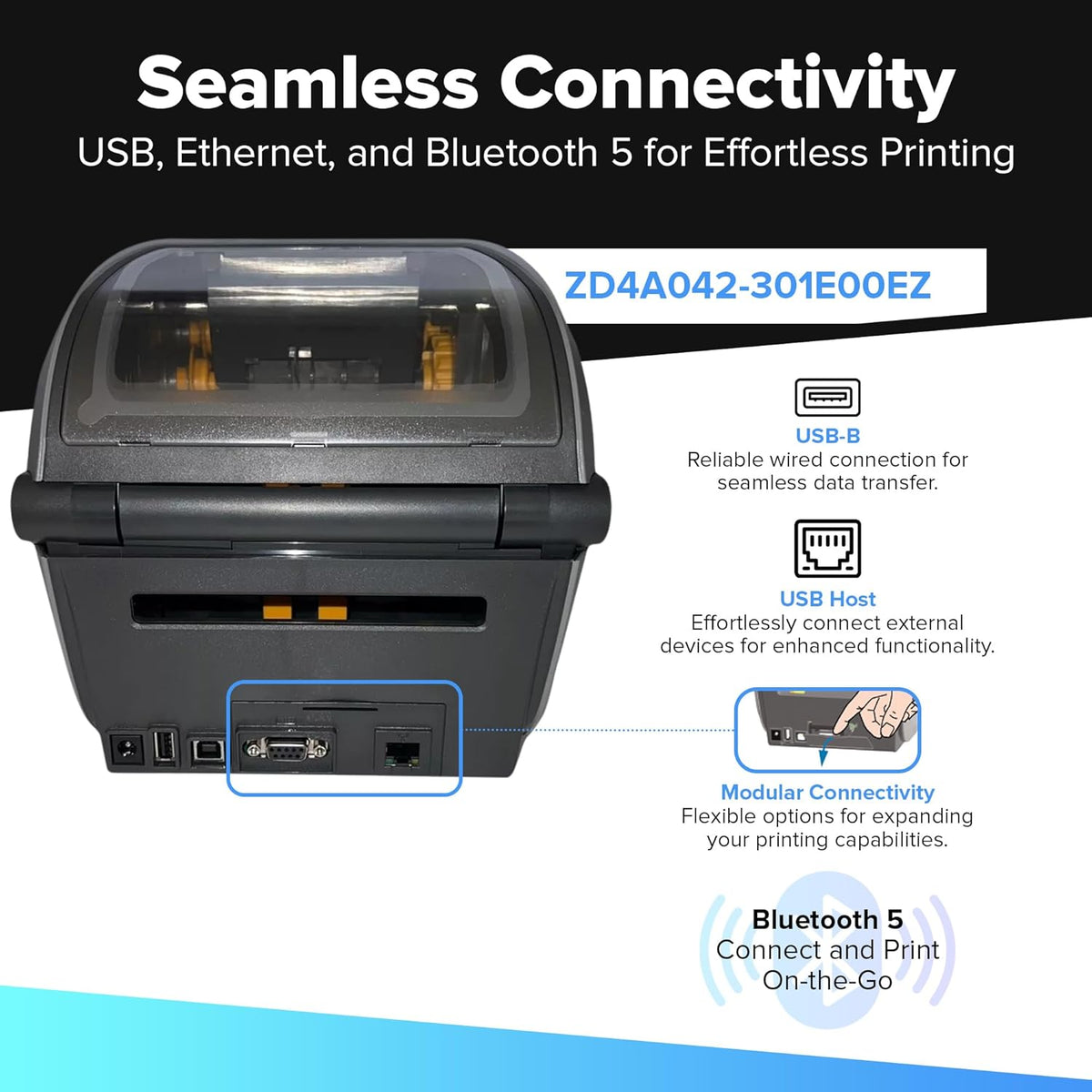 Zebra ZD421 Thermal Transfer Desktop Printer 203 dpi Print Width 4-inch USB Ethernet ZD4A042-301E00EZ | Includes Jetset Software