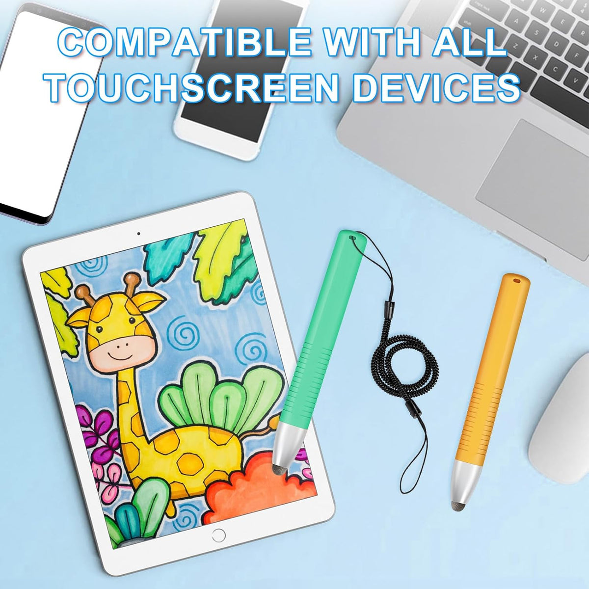 2pcs Kid-Friendly Stylus Pens for Touch Screens, Tablet Stylus Pen with Spring Cord Universal Touch Screen Capacitive Crayon Stylus Green Orange
